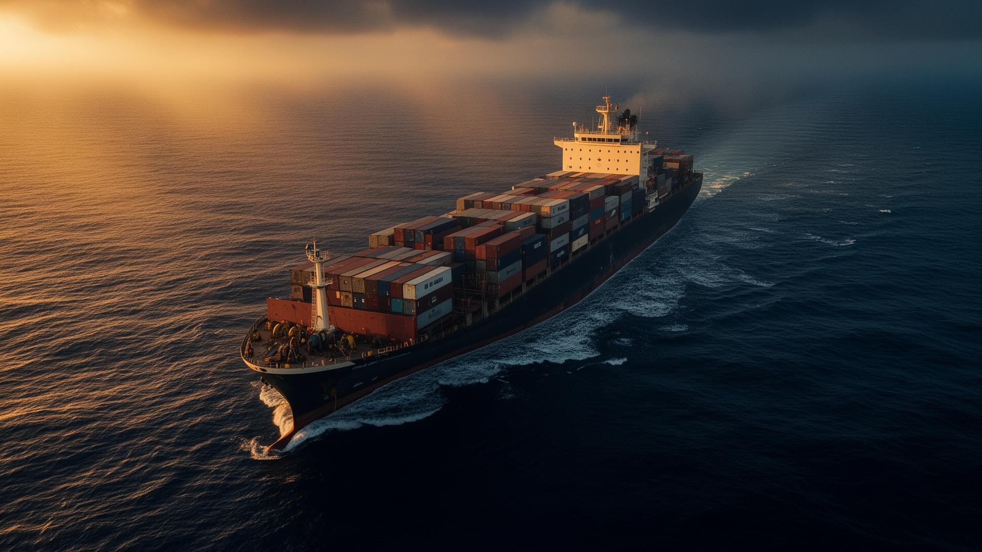 Cargo ship at sea at golden hour